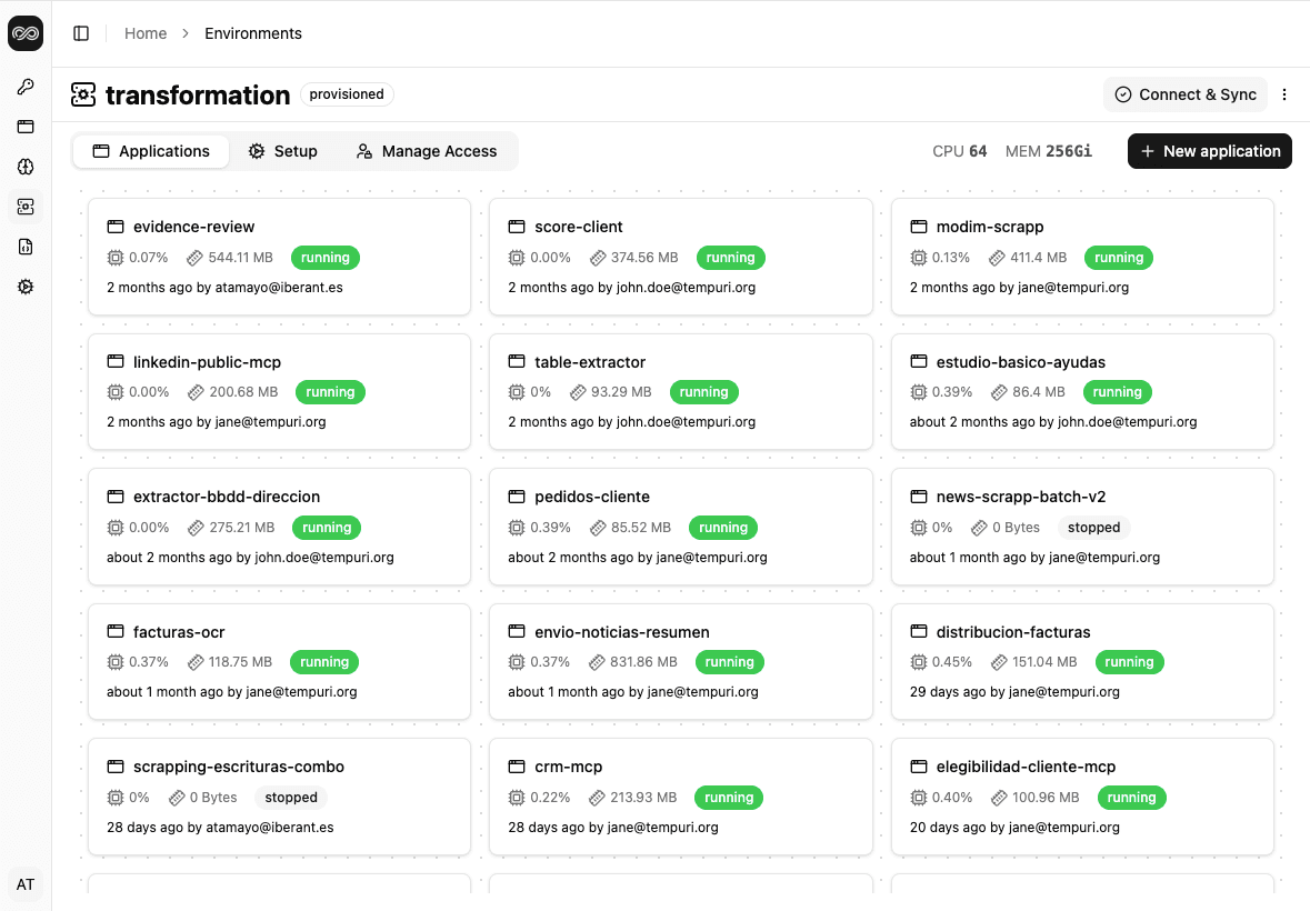 ChurroStack platform dashboard showing deployed services and infrastructure overview